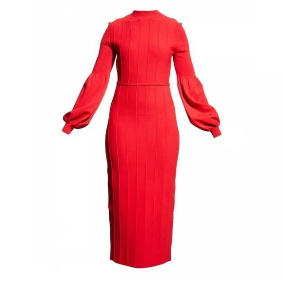 NWT LELA ROSE Seamed Mock-Neck Cardinal Sleeve Sheath Midi Dress-T1